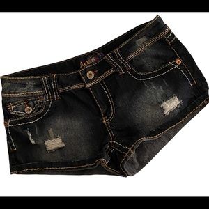 Angels Jean Shorts, Jr. 11  Bold Contrast Stitching, Distressed Dk. Blue.